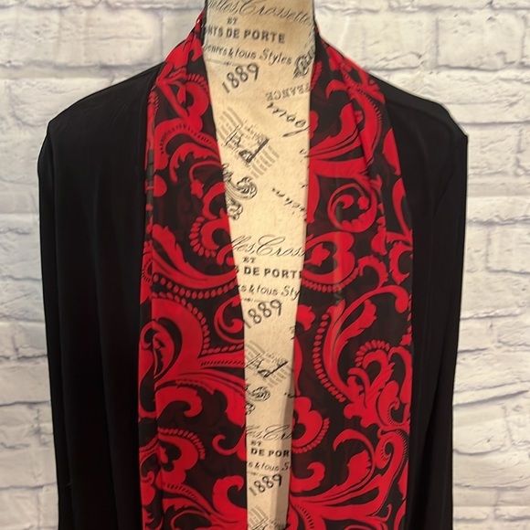 Chico’s Chiffon Trim Jacket Scroll Print Bracelet Sleeves Chicos Size 2 Large - Picture 3 of 9